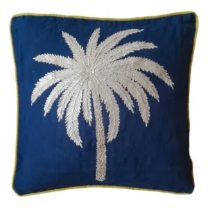 Embroidered Linen Cushion Gold Palm ( Black )