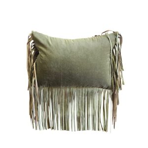 Cotton Velvet & Leather Fringes Cushion Olive Green
