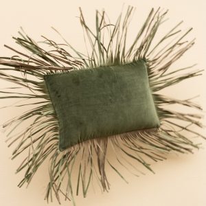 Cotton Velvet & Leather Fringes Cushion Olive Green