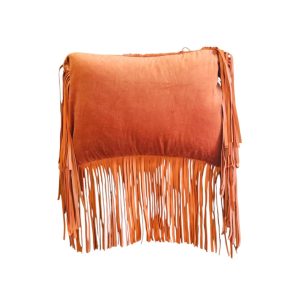 Cotton Velvet & Leather Fringes Cushion Orange