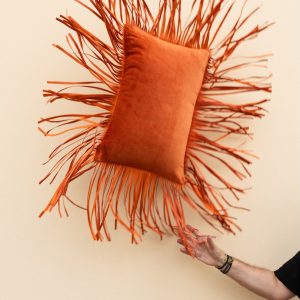 Cotton Velvet & Leather Fringes Cushion Orange