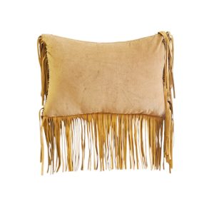 Cotton Velvet & Leather Fringes Cushion Yellow