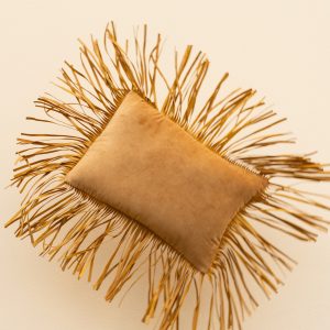 Cotton Velvet & Leather Fringes Cushion Yellow